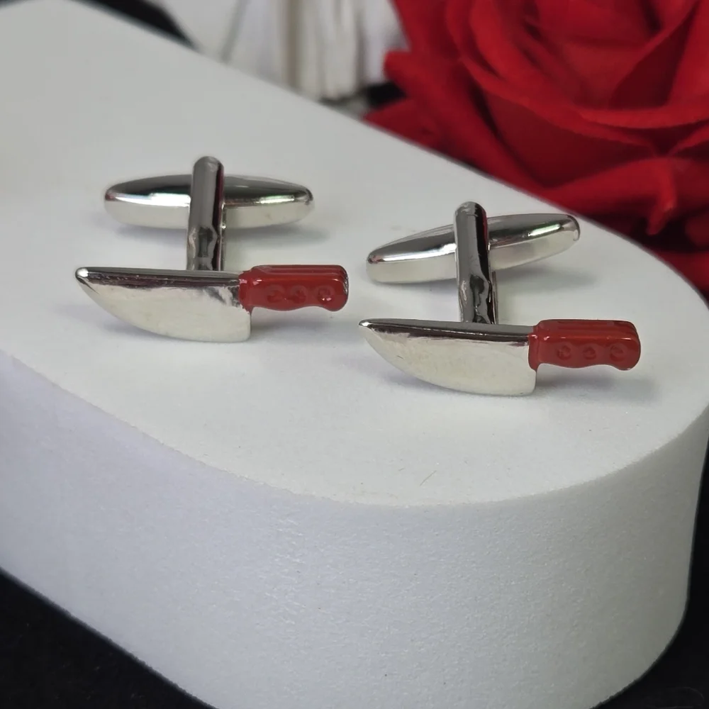 Chef Knife Cleaver Cufflinks Silver Red Handle Butcher Kitchen French Cuff Gift
